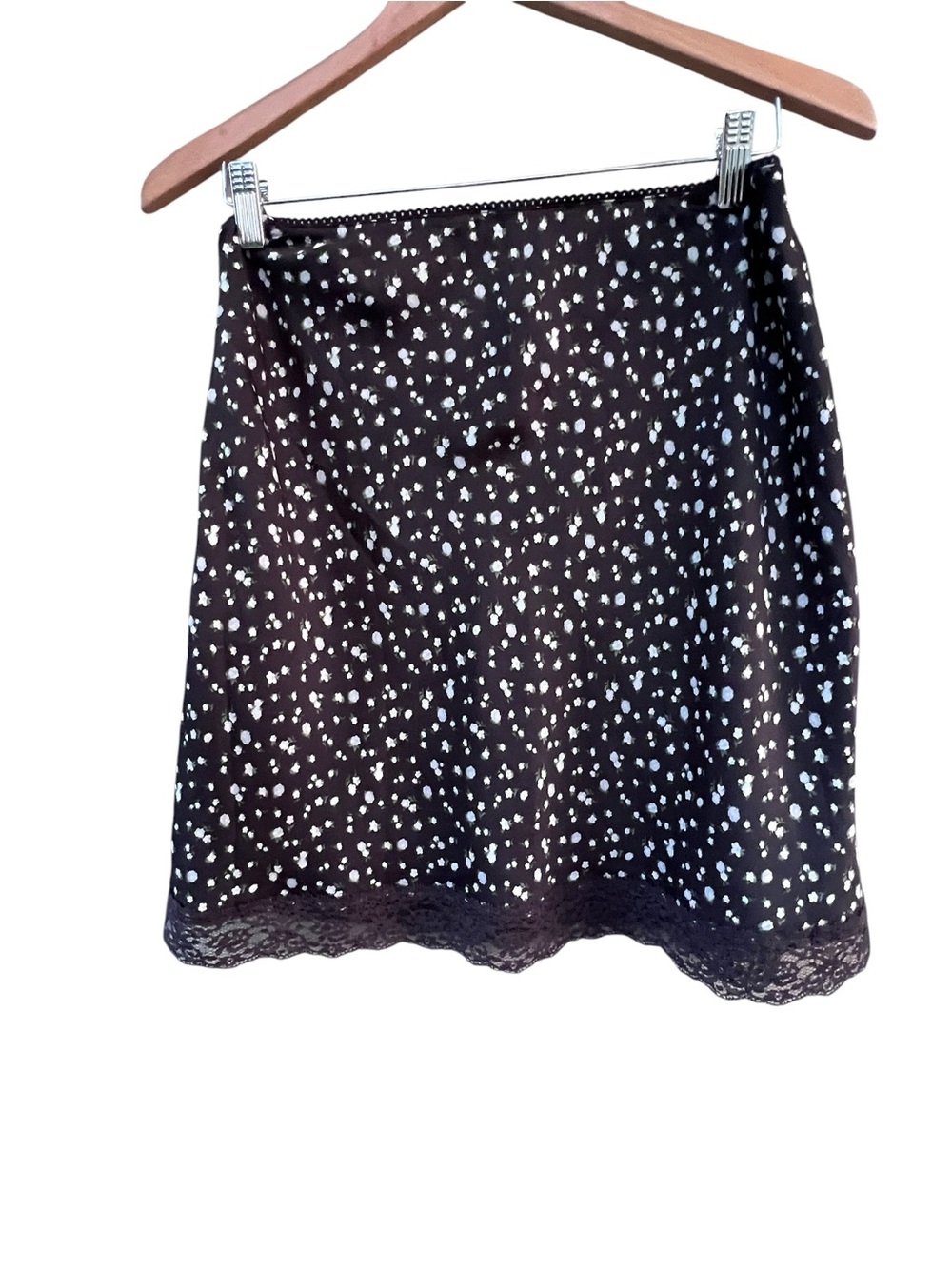 American Eagle Outfitters Black Slip Skirt with floral Print and Lace Hem - Size